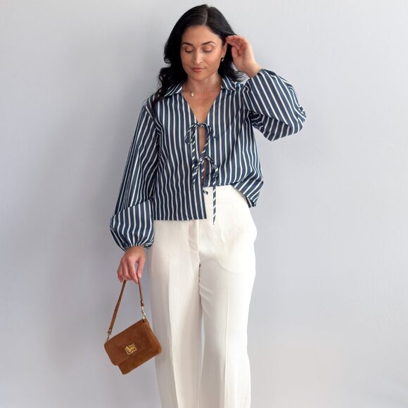 Women’s Striped Tie-Front Blouse – Navy/White, Collared Long Balloon Sleeve - Picture 8 of 10